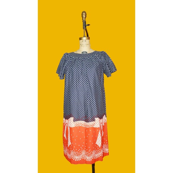 1960s-1970s Red, White, & Blue Polka Dot W/BOW RIBBON Trompe Loeil Print Dress S - Picture 2 of 10